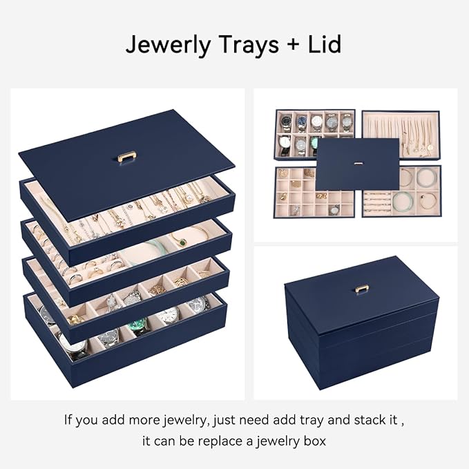 Voova Stackable Jewelry Organizer Tray with Lid, PU Leather Jewelry Storage Holder for Drawer Inserts, Jewellery Display Box 
