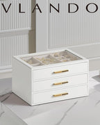 Vlando Jewelry Box for Women, Glass Lid Jewelry Organizer with 3 Drawers for Necklaces Rings Earrings Bracelets Christmas Gif