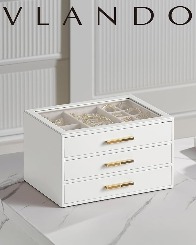 Vlando Jewelry Box for Women, Glass Lid Jewelry Organizer with 3 Drawers for Necklaces Rings Earrings Bracelets Christmas Gif