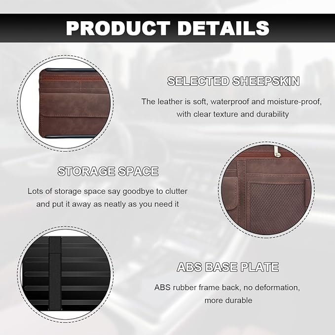Car Sun Visor Organizer, Leather Sun Visor Pocket Organizer Case with Multi-Pocket Net Zipper, Suede Note Holder Car Visor Storage Pouch for Card Pen Sunglasses Document (Brown)