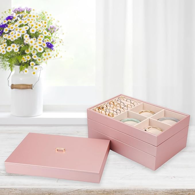 Voova Stackable Jewelry Organizer Tray with Lid, PU Leather Jewelry Storage Holder for Drawer Inserts, Jewellery Display Box 