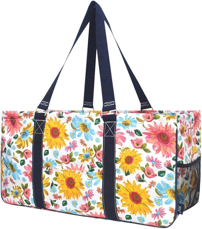 NGIL Extra Large Utility Tote Reusable Grocery Bag Oversized Collapsible for Groceries, Storage, Picnic, Beach (Petal Parade- Navy)