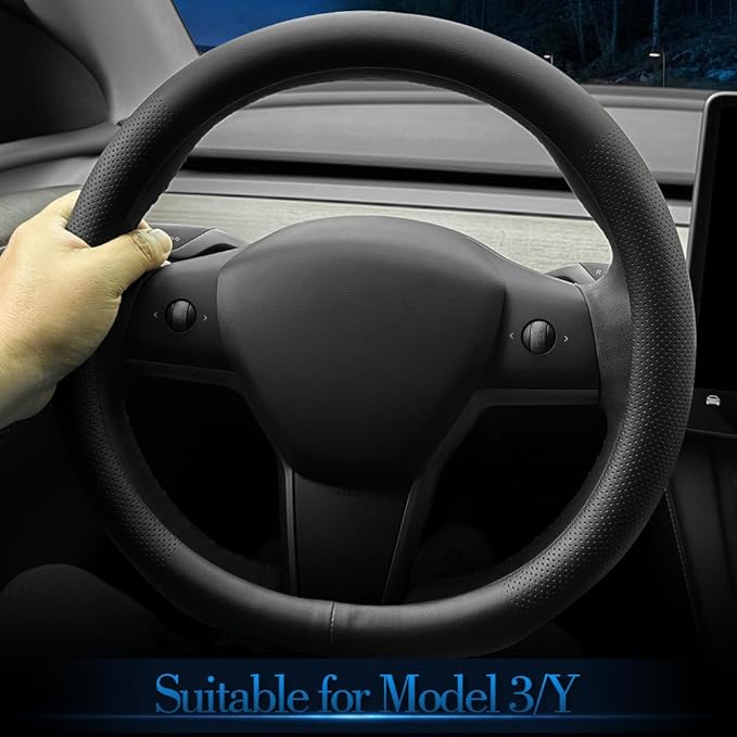 LKWLIKEI Nappa Leather Ultra-Thin Steering Wheel Cover, for Tesla Model 3/Y Steering Wheel Cover, Non-Slip Design and Interio
