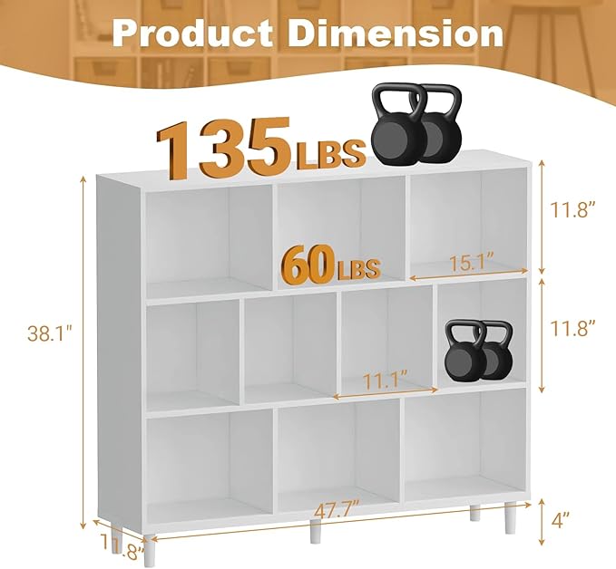 10 Cube Storage Organizer |Wide Bookshelf|3 Shelf Bookcase |Library Bookcase -Cubic Storage Cabinet（Storing Books,Toys & More