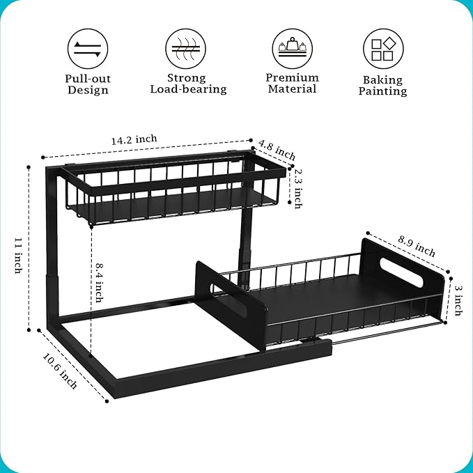 REALINN Under Sink Organizer, L-Shaped 2 Tier Pull Out Cabinet Organizer for Kitchen and Bathroom, Slide Out Under Cabinet St
