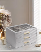 VLANDO Jewelry Box for Women, Glass Lid Jewelry Organizer with 3 Drawers for Necklaces Rings Earrings Bracelets - Grey