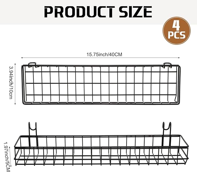 Blulu 4 Pcs 15.75 x 3.94 x 1.97 Inch Metal Grid Wall Baskets with Hooks Grid Wall Shelves Hanging Wire Basket Multi Function 