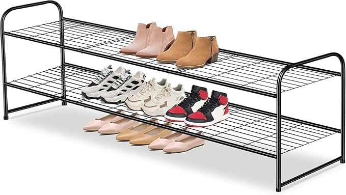 AOODA Long 2 Tier Shoe Rack for Closet Metal Wide Stackable Shoe Storage Organizer for Entryway, Bedroom, Floor, 18-Pairs Low