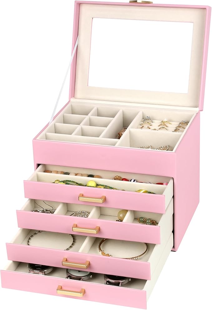 Kendal Jewelry Box, 5-Layer Jewelry Organizer Box with Glass Lid, Pink, Heart Shaped PU Leather, Storage Box for Necklace Ear