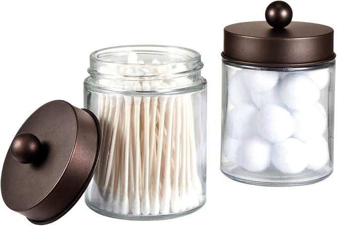 Amolliar 4Pc Apothecary Jars Bathroom Vanity Storage Organizer Set -Countertop Canister with Stainless Steel Lids &Cute Stick