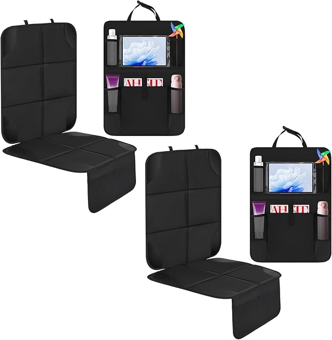 4 Pack Non-slip Car Seat Protector and Backseat Organizer Kick Mat with Tablet Holder, Large Waterproof Car Seat Protector with Storage Pockets for Leather and Fabric