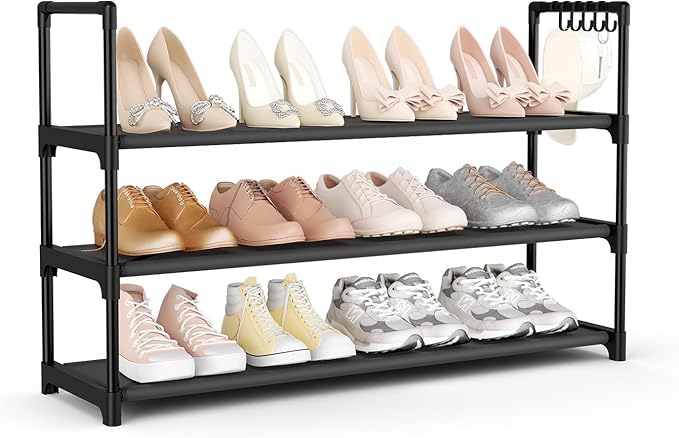 VILICK Shoe Rack for Closet Shoe Organizer Space Saver Storage for 12-15 Pair Shoe Shelf with Hook Free Standing 3 Tier Shoe 