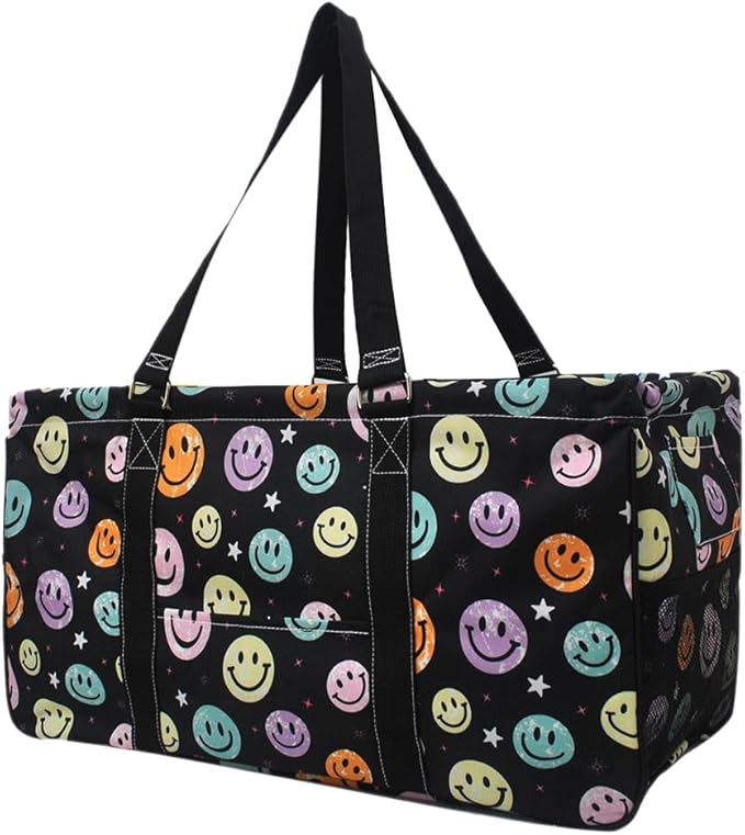 NGIL Extra Large Utility Tote Reusable Grocery Bag Oversized Collapsible for Groceries, Storage, Picnic, Beach (Rainbow Smiles-Black)