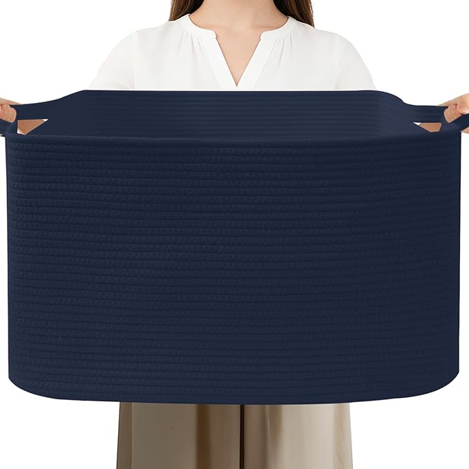 96L Large Blanket Basket,24"x16"x15"Rectangle Storage Bin with Handles,Woven Rope Laundry Basket for Toys, Clothes,Magazines,