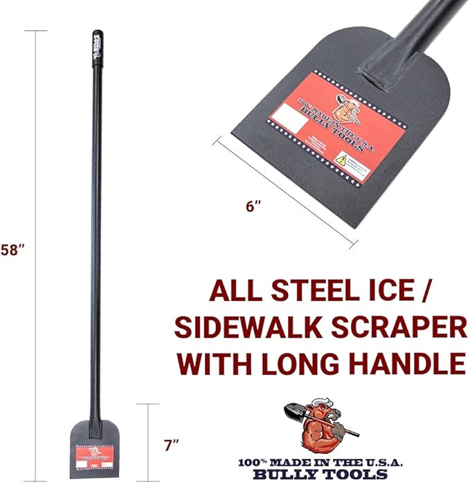 Bully Tools Heavy Duty Ice Scraper - 11-Gauge All Steel Sidewalk Chopper with Extra Long Handle for Thick Snow Removal - Floor Scraper Tool, Flat Head for Snow Clearing - 100% Made in the USA, 58-Inch