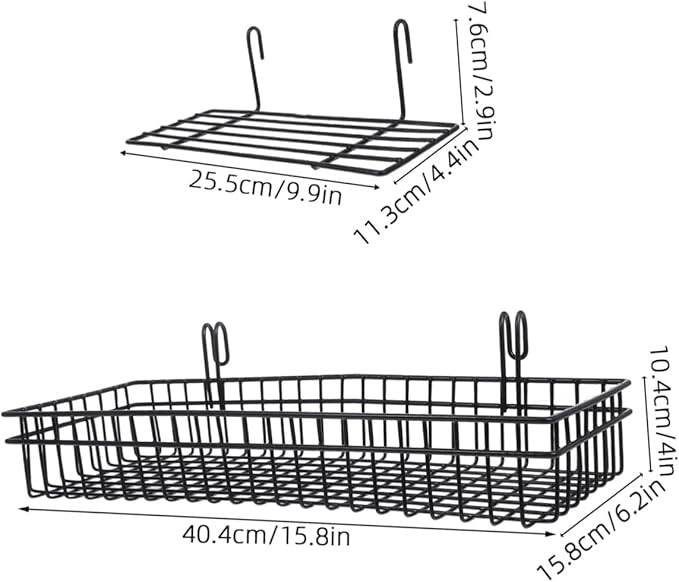 2pcs Black Metal Wire Wall Mount Storage Basket Organizer Hooks Versatile Grid Panel Display Rack for Office Kitchen Bathroom