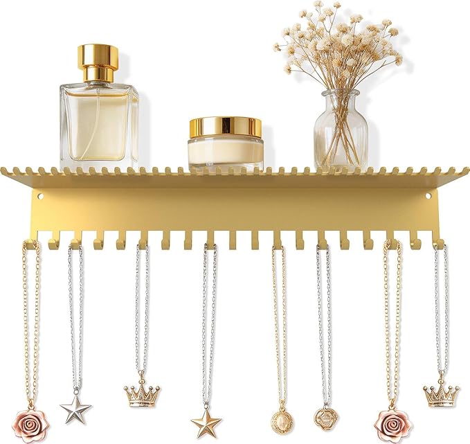 Necklace Jewelry Holder Wall Hanging Organizer Hangers Storage Mounted Shelf with 56 Hooks Tray Display Girls Women Metal Doo