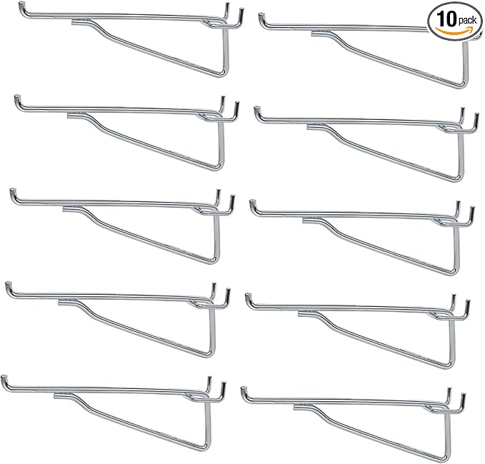 G.CORE Pegboard Shelf Hooks, 10-Pack 8" Silver Peg Board Brackets, 1/4" Peg Board Organizer Accessories, Peg Hooks Assortment