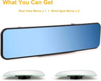 Universal Clip On Rearview Mirror - 11.4 Inch, Wide Angle Anti Glare, Blue Tint - Bonus 2 PCS Blind Spot Mirrors