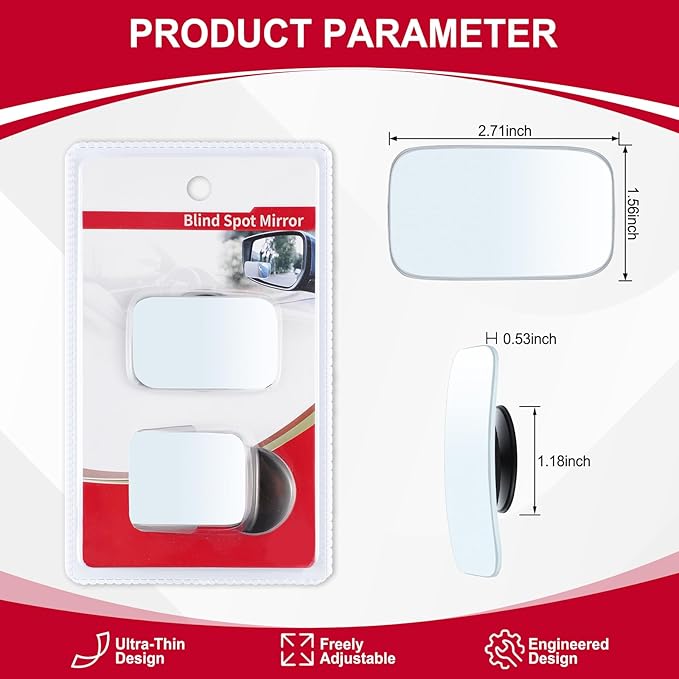 LivTee Blind Spot Mirror, Rectangle Shaped HD Glass Frameless Convex Rear View Mirror with wide angle Adjustable Stick for Cars SUV and Trucks, Pack of 2
