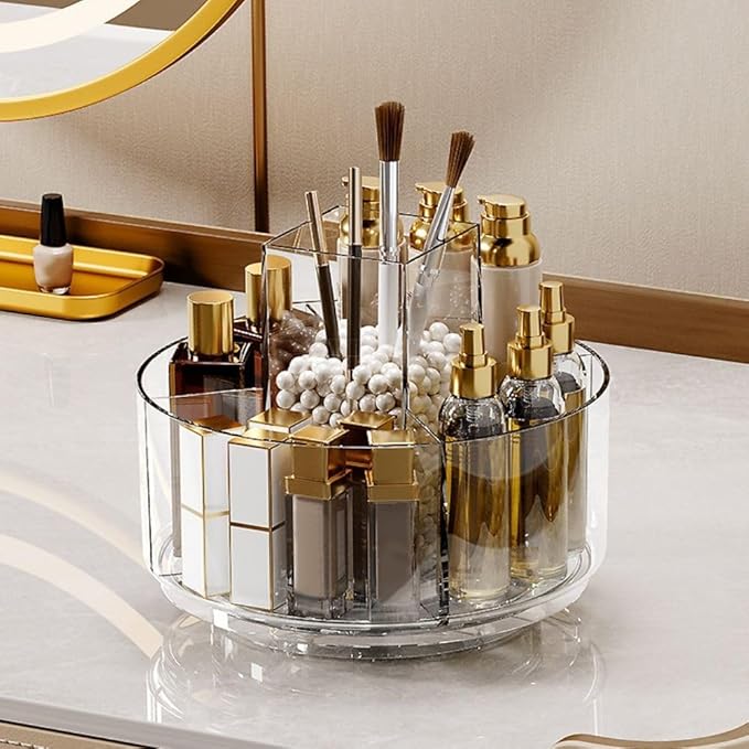 LINFIDITE 360 Rotating Makeup Organizer Clear Cosmetic Storage Holder Tray with 6 Compartment Makeup Brush Lip Gloss Organize