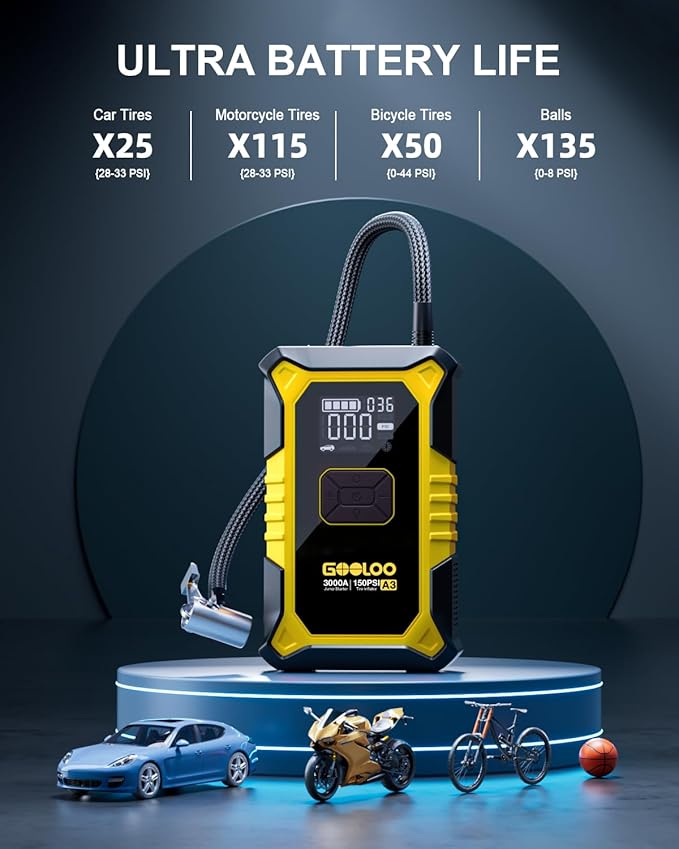 GOOLOO A3 Jump Starter with Air Compressor, 3000A Portable Car Battery Jumper Starter (9.0L Gas/6.5L Diesel) with
