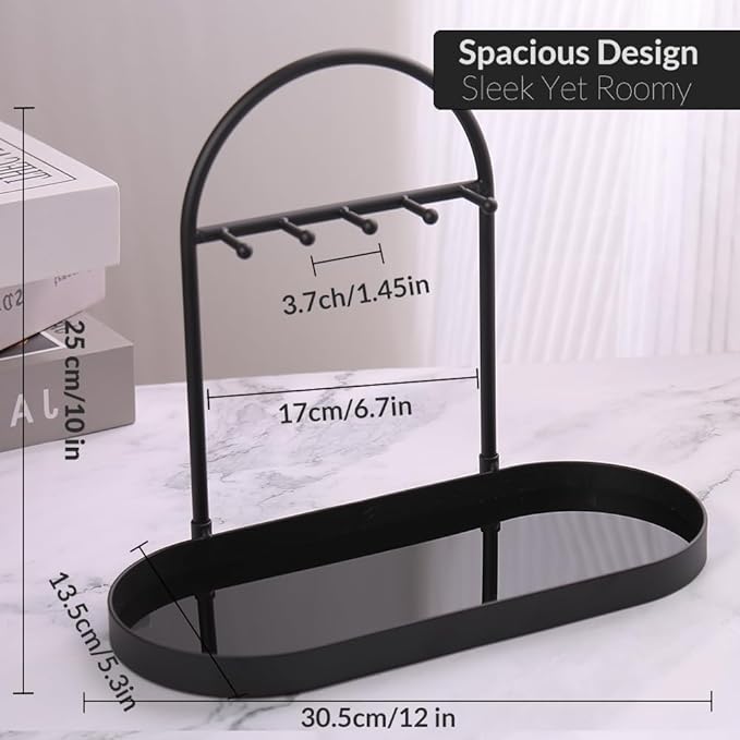 Shinpuru Metal Jewelry Organizer Stand & Key Holder Tray with Acrylic Base, Key Stand and Jewelry Tray with 5 Hooks, Perfect 