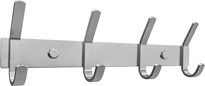 Coat Rack Wall Mount – Brushed Nickel 12 Inch Stainless Steel Hook Rail with 4 Heavy Duty Double Coat Hooks – Wall Mounted Co