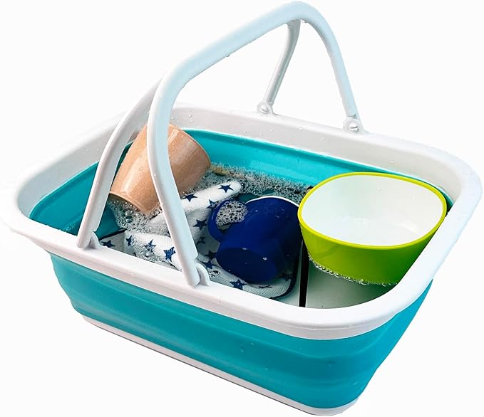 SAMMART 9.2L (2.37Gallon) Collapsible Tub with Handle - Portable Outdoor Picnic Basket/Crater - Foldable Shopping Bag - Space Saving Storage Container (2, White/Bright Blue)