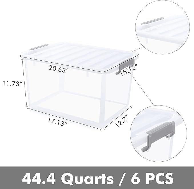Citylife 6 Packs 44.4 QT Plastic Storage Bins with Lids Large Stackable Storage Containers for Organizing Clear Storage Box f