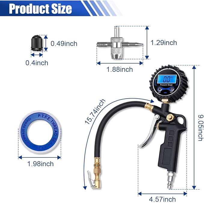 Digital Tire Pressure Gauge with Inflator - 250 PSI Heavy Duty Tire Inflator with Gauge & Quick Connect Coupler - Car Tire Air Chuck and Compressor Accessories - 0.1 Display Resolution (1 Pack)