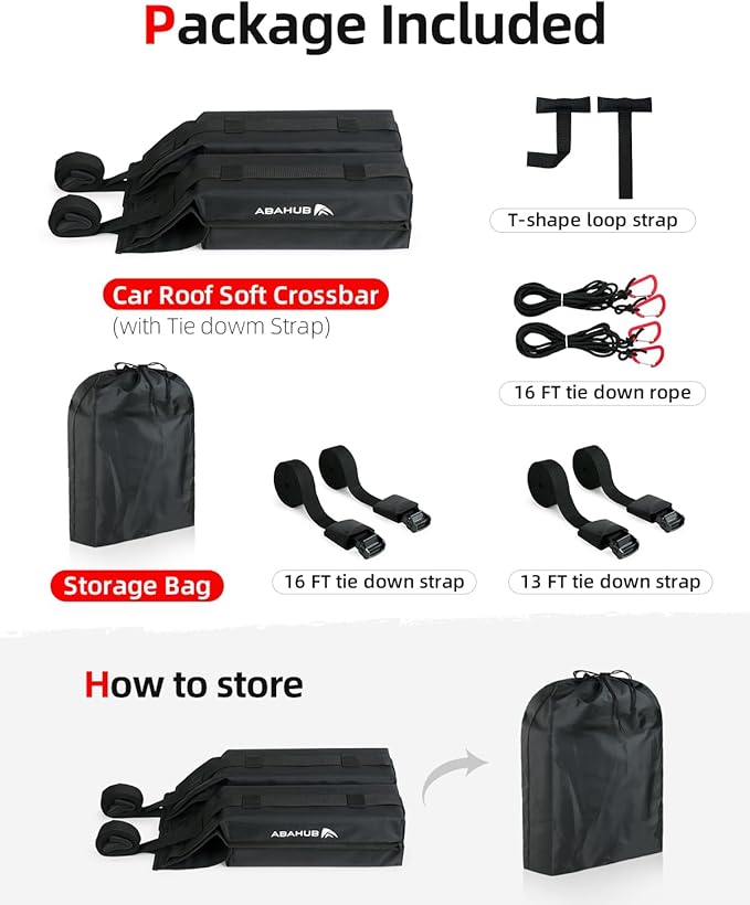Abahub Car Soft Roof Rack Pads for Kayak,Canon,Surfboard,SUP Include 2 Tie Down Rope, 2 Quick Loop Strap, 2 Heavy Duty Tie Down Straps and a Storage Bag(Black)