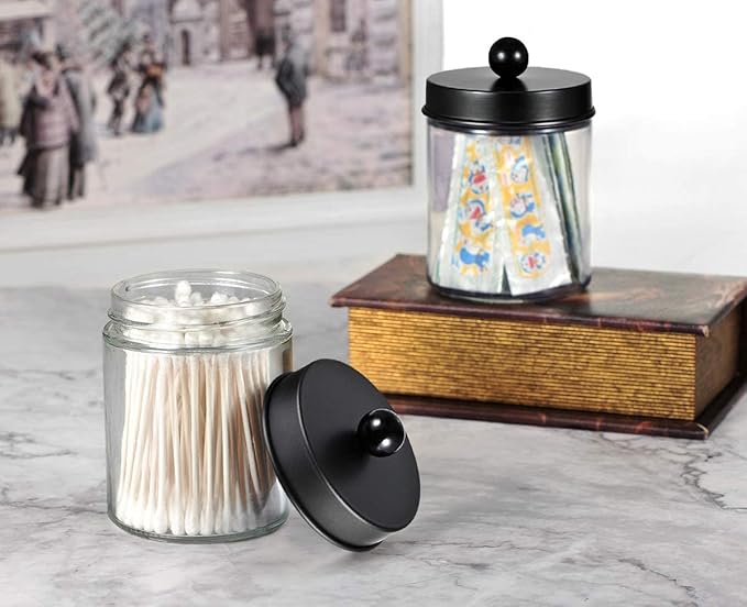 Amolliar 4 Pack Apothecary Jars Bathroom Vanity Storage Organizer Set -Countertop Canister with Stainless Steel Lids &Cute St