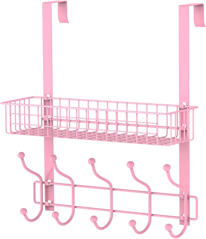 Coat Rack, Over The Door Hanger with Mesh Basket, Detachable Storage Shelf for Towels, Hats, Handbags, Coats (Pink)