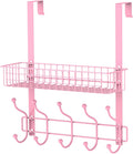 Coat Rack, Over The Door Hanger with Mesh Basket, Detachable Storage Shelf for Towels, Hats, Handbags, Coats (Pink)