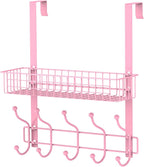 Coat Rack, Over The Door Hanger with Mesh Basket, Detachable Storage Shelf for Towels, Hats, Handbags, Coats (Pink)