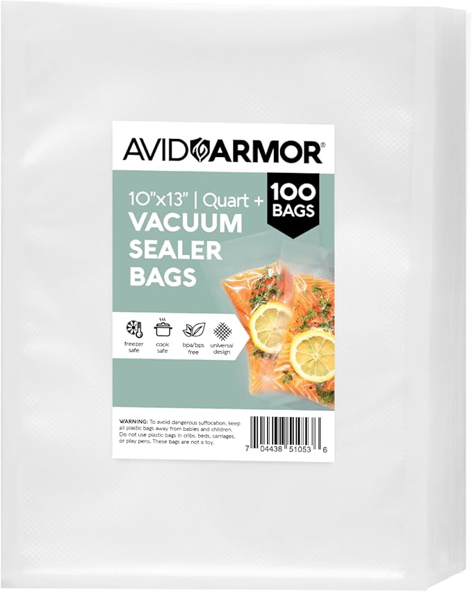 Avid Armor Vacuum Sealer Bags QUART PLUS Size 10"x13" 100 Pack for Food Saver and Seal A Meal Vac Sealers BPA Free Commercial