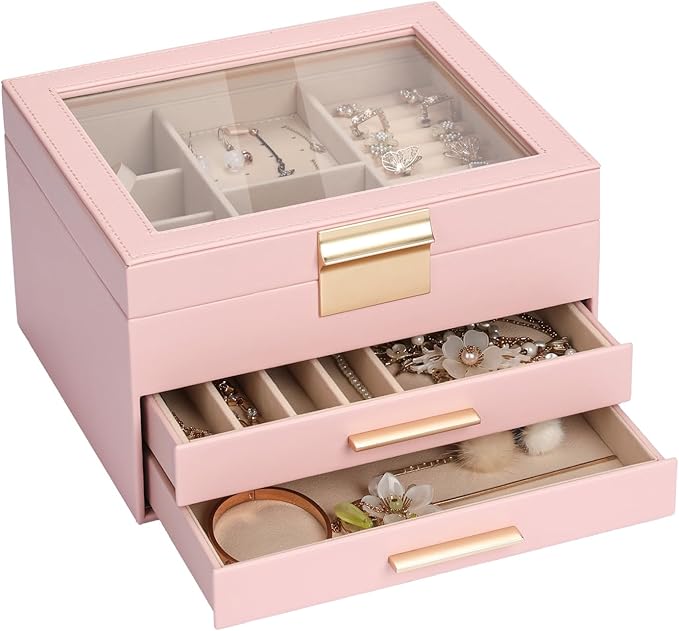 3-Layer Jewelry Box for Women, Jewelry Organizer with Glass Lid and Drawers, Jewelry Organizers and Storage for Necklaces, Ri