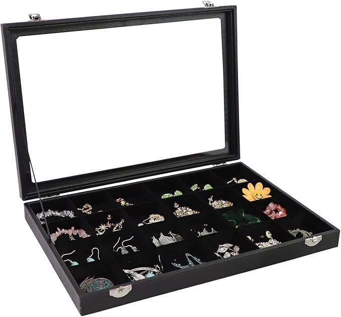 Wudygirl Jewelry Organizer 24 Grid Earring Organizer with Glass Lid Adjustable Jewelry Box Jewelry Display for Rings Necklace