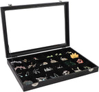 Wudygirl Jewelry Organizer 24 Grid Earring Organizer with Glass Lid Adjustable Jewelry Box Jewelry Display for Rings Necklace