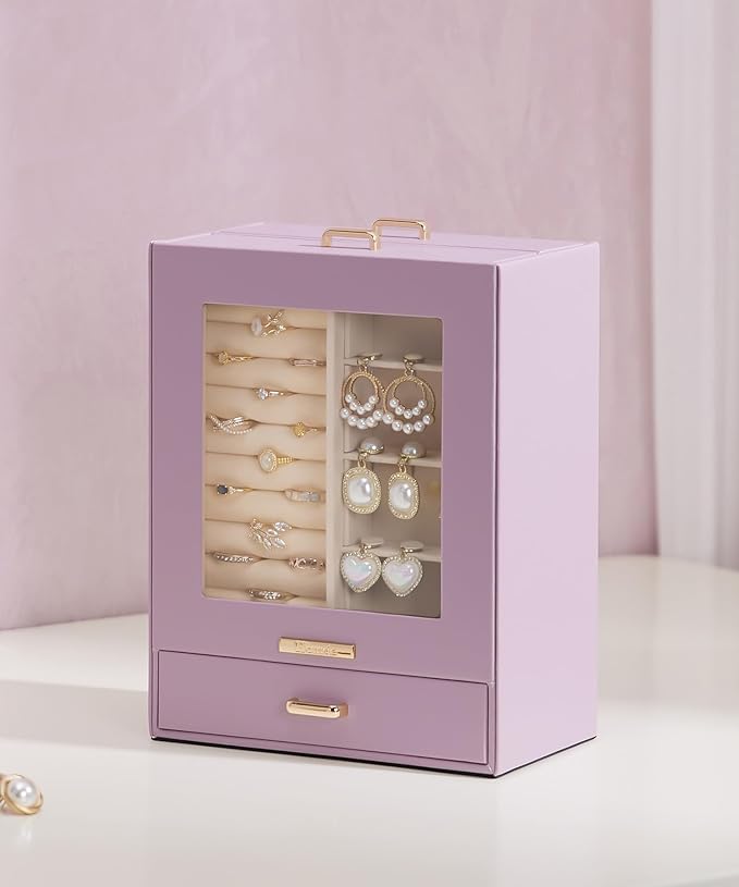 Homde Jewelry Organizer Girls Women Jewelry Box for Necklaces Rings Earrings Gift Bracelets Storage Case (Grey Purple + Gold)