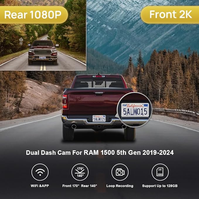 Fitcamx 2K Dual Dash Cam Suitable for RAM 1500 (Model B) 2019 2020 2021 2022 2023 2024 Rebel Big Horn Laramie, OEM Look, Fron