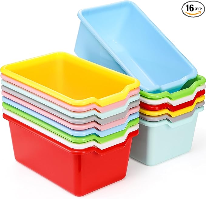 WUWEOT 16 Pack Cubby Bins Classroom Toys Bins, Plastic Books Storage Bins, Easy-to-Grip Stackable Crafts Organizer for Classr