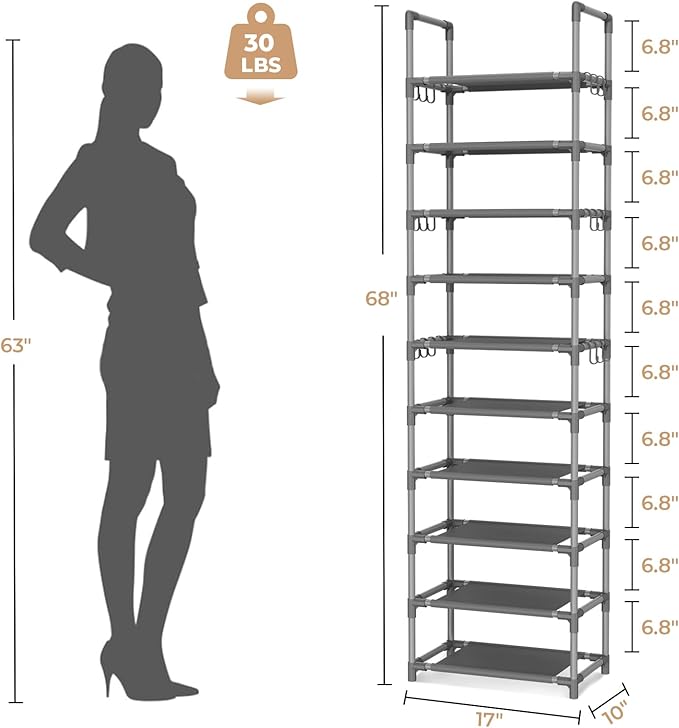 VTRIN 10 Tiers Tall Shoe Rack Holds 20-25 Pairs of Shoes Sturdy Vertical Shoe Organizer with 18pcs Hooks Stackable Narrow Sho