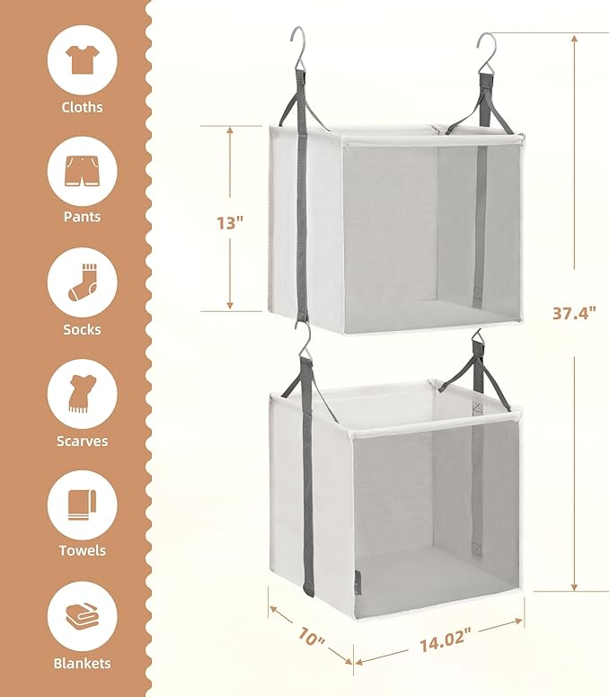 STORAGE MANIAC 2-Shelf Hanging Closet Organizer, Cloth Hanging Closet Shelf, Hanging Closets Baskets with Hooks for Dorm, Apt