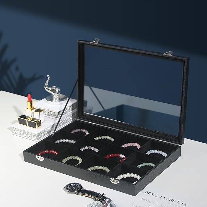 Coward Jewelry Organizer Box, Black Velvet 12 Grids Bracelet Bangle Necklace Jewelry Display Tray Case with Transparent Glass