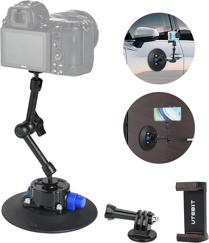UTEBIT 6" Suction Cup Camera Mount with Ball Head Magic Arm, Metal Suction Cup Mount on Car Windshield Dash for Camera/Phone Holder, 1/4" Screw Action Camera Mount for DJI Action 5 Pro/4, Insta360 x5
