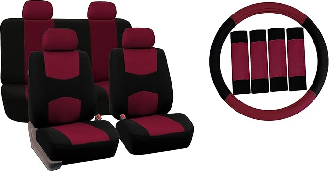 FH Group Car Seat Covers Flat Cloth Automotive Burgundy Full Set, Rear Solid Bench Universal Fit Combo Steering Wheel Cover & Seat Belt Pads Car Seat Protector Cars Trucks SUV Interior Accessories