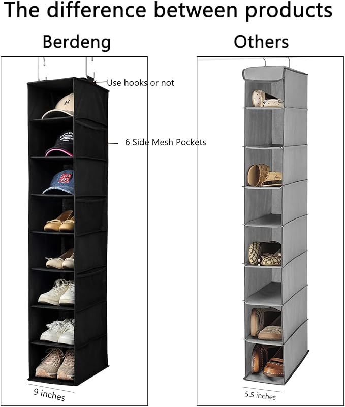 Berdeng Hanging Shoe Organizer for Closet with Side Mesh Pockets，Hat Racks for Baseball Caps，Shoe and Hat Holder & Storage，8-