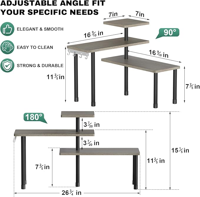ZHWS Kitchen Countertop Organizer, Bathroom Counter Organizer, Adjustable 3 Tier Corner Shelf with 4 Metal Hooks for Counter 